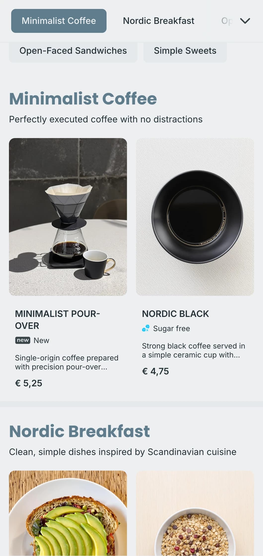 Clean Scandinavian-inspired design with cool blue tones for modern minimalist cafes.