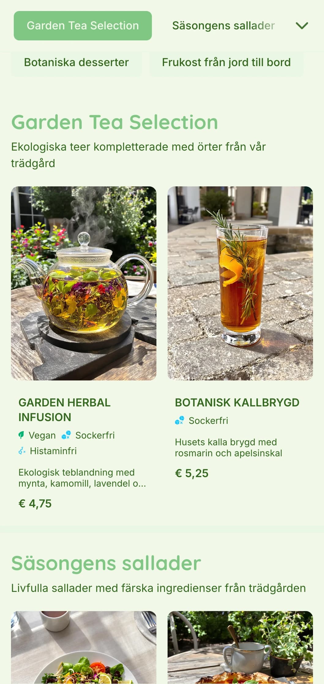 Levande grön design med botaniska element för trädgårdscaféer och ekologiska matställen.