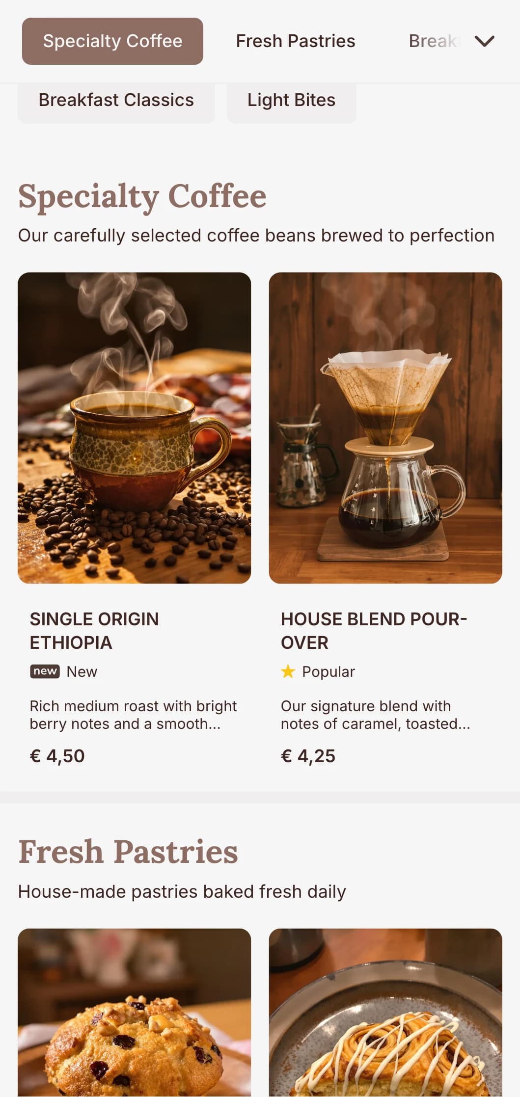 Warm earthy design with rustic elements for traditional coffee shops and breakfast cafes.