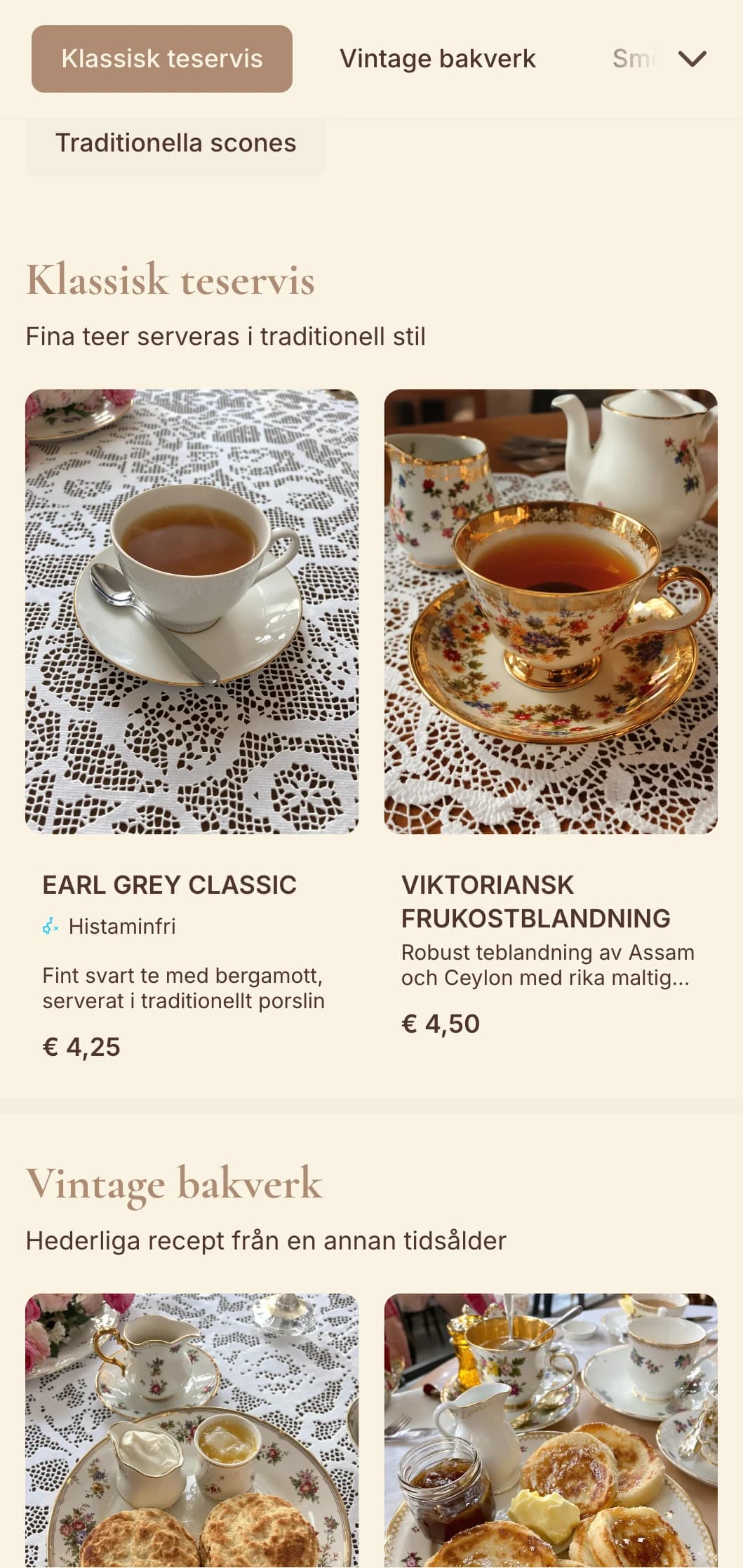 Elegant vintagedesign med delikata element för traditionella tesalonger och konditorier.