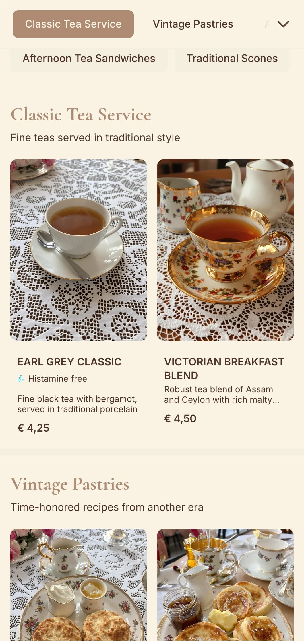 Elegant vintage design with delicate elements for traditional tearooms and patisseries.