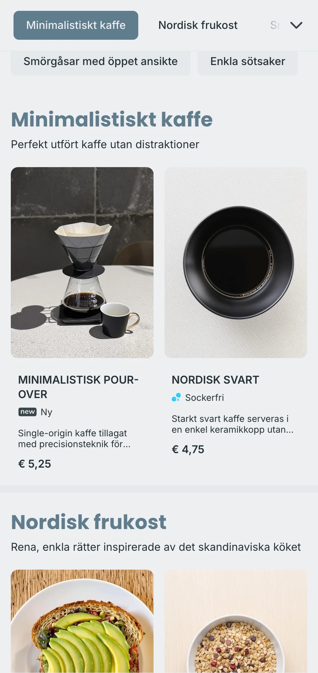 Ren skandinaviskinspirerad design med svala blå toner för moderna minimalistiska kaféer.