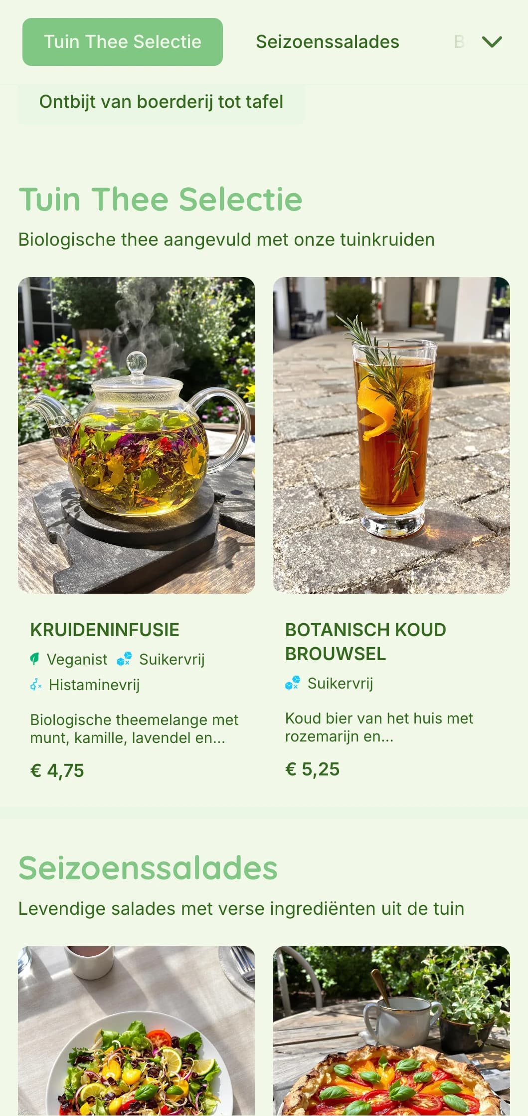 Levendig groen ontwerp met botanische elementen voor tuincafés en biologische eetgelegenheden.
