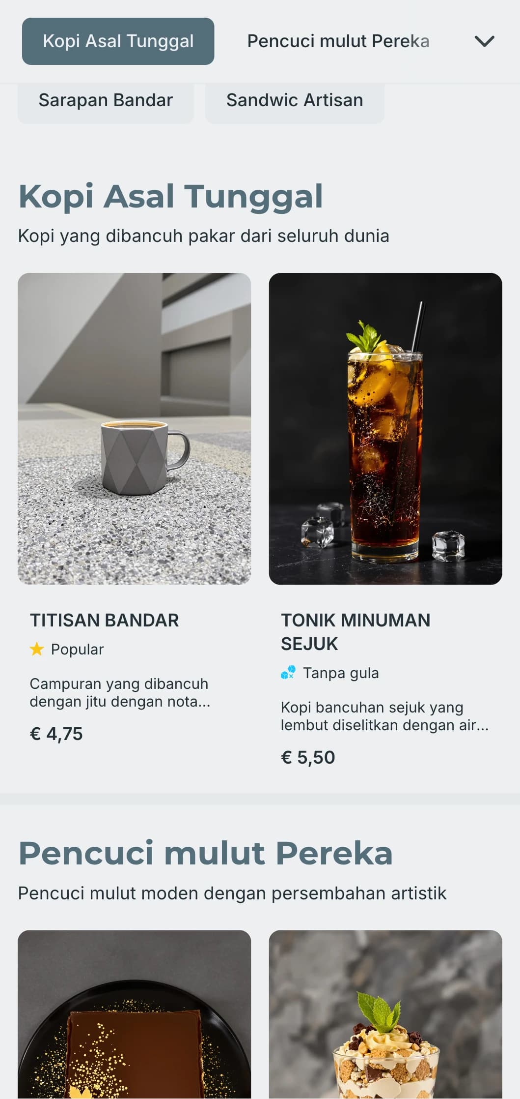 Reka bentuk minimalis anggun dengan tipografi bersih untuk kafe bandar kontemporari.