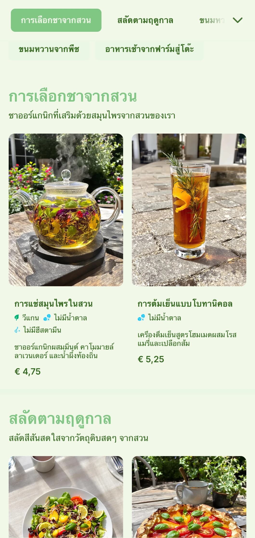 การออกแบบสีเขียวสดใสพร้อมองค์ประกอบทางพฤกษศาสตร์สำหรับคาเฟ่สวนและร้านอาหารออร์แกนิก