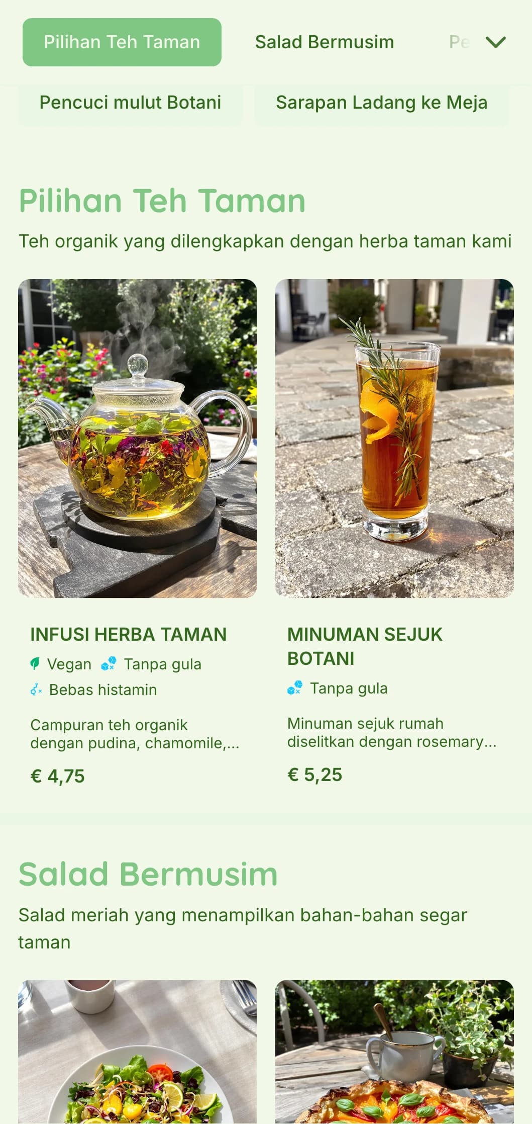Reka bentuk hijau bertenaga dengan unsur botani untuk kafe taman dan kedai makan organik.