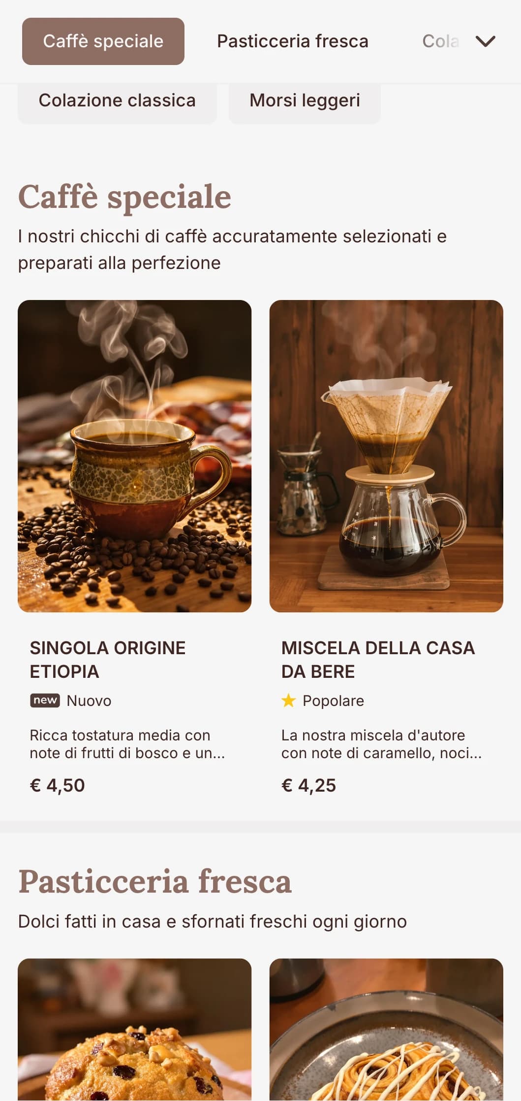 Design caldo e terroso con elementi rustici per caffetterie e breakfast tradizionali.