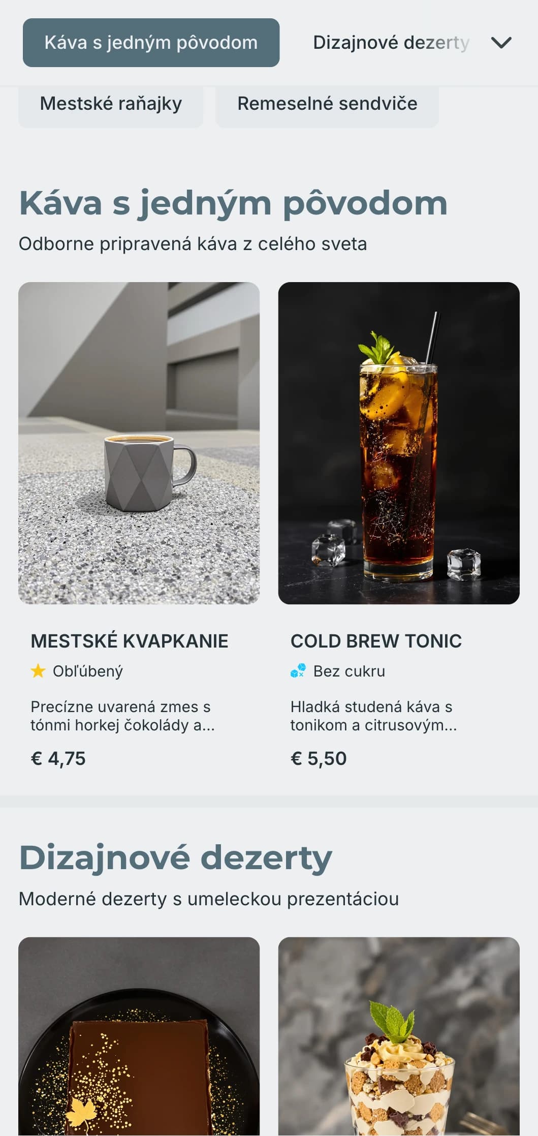 Elegantný minimalistický dizajn s čistou typografiou pre súčasné mestské kaviarne.