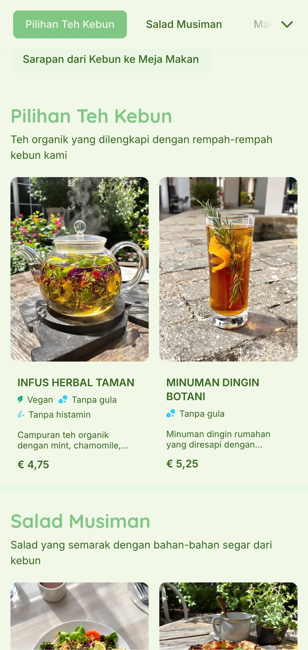 Desain hijau yang semarak dengan elemen botani untuk kafe taman dan restoran organik.