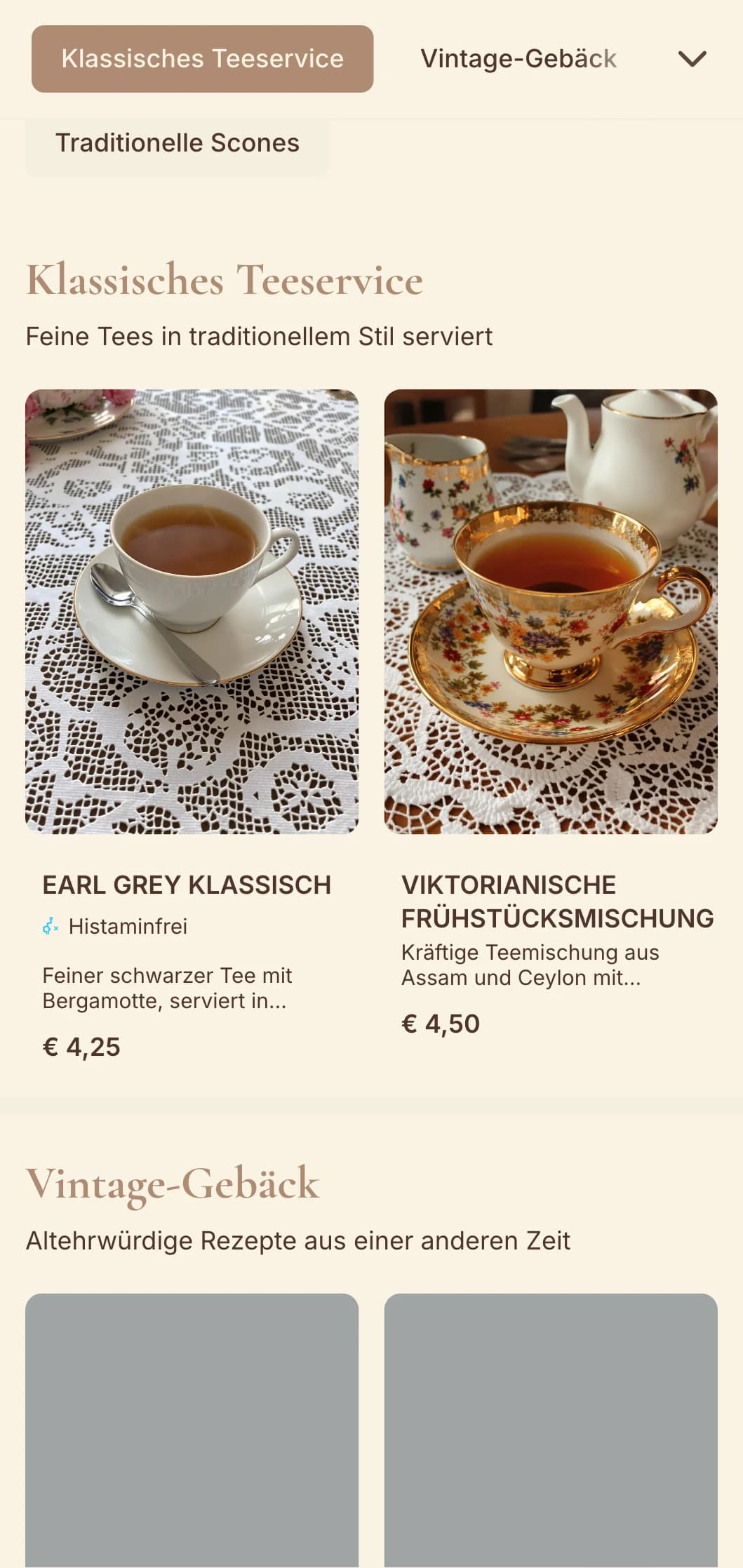 Elegantes Vintage-Design mit zarten Elementen für traditionelle Tearooms und Konditoreien.