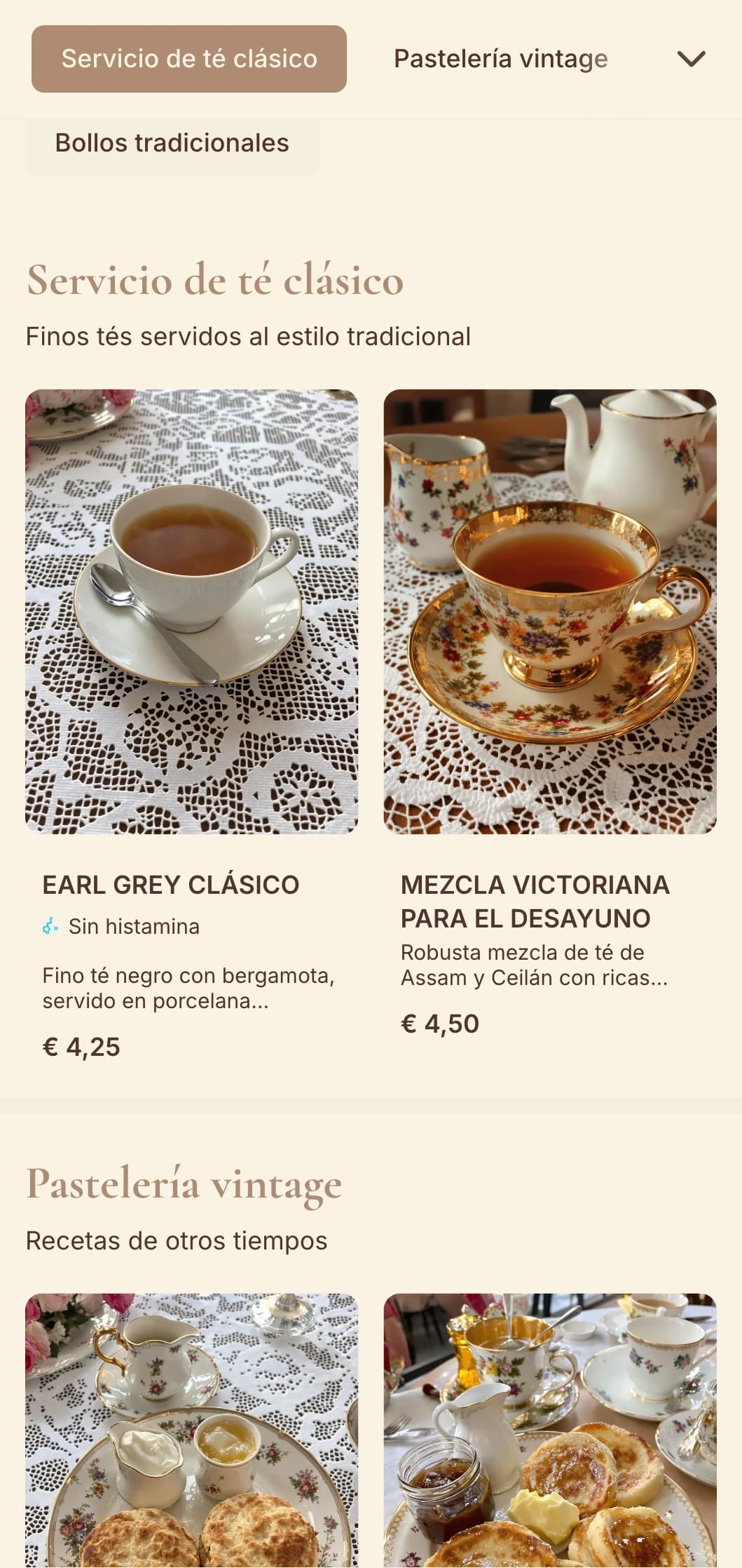 Elegante diseño vintage con elementos delicados para salones de té y pastelerías tradicionales.