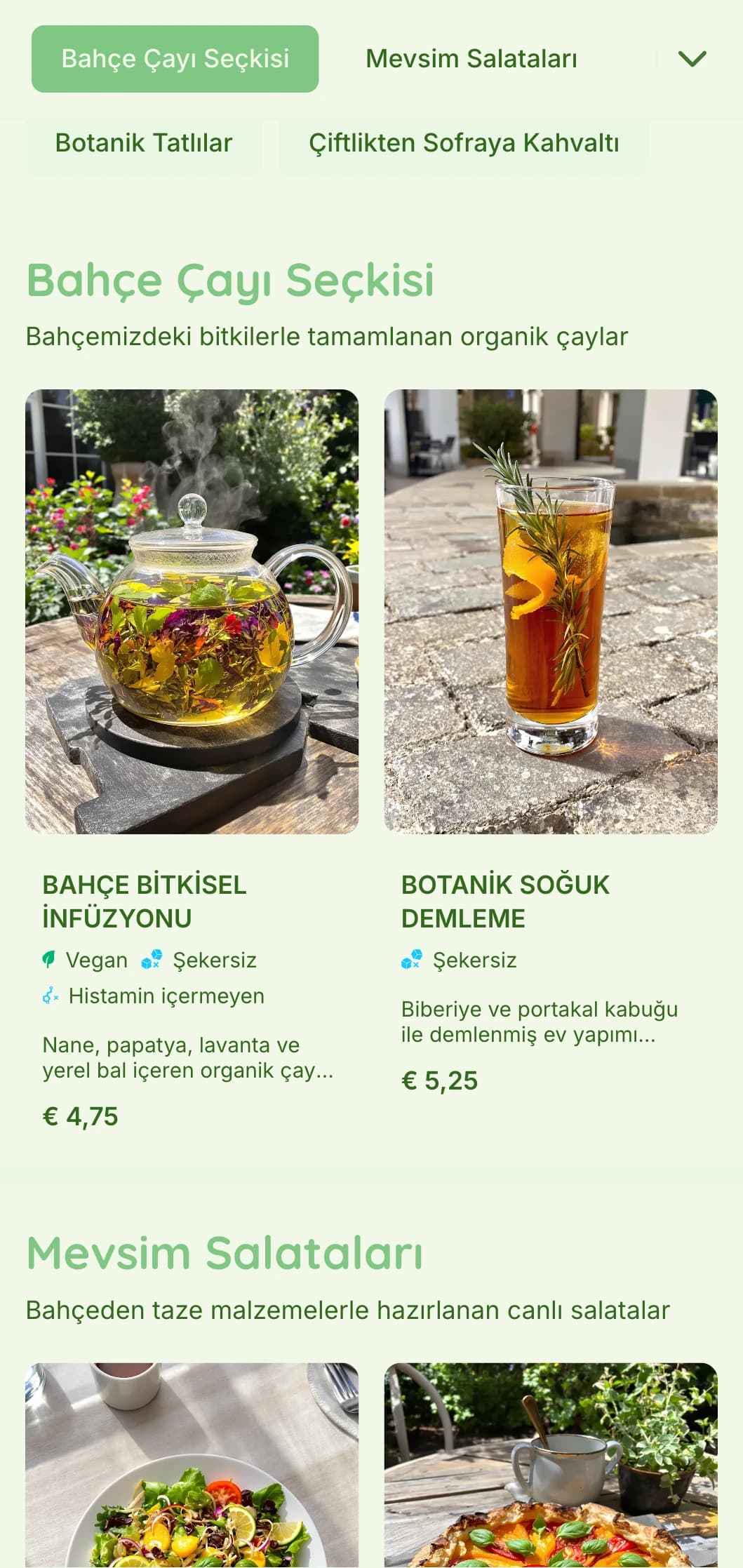 Bahçe kafeleri ve organik lokantalar için botanik unsurlar içeren canlı yeşil tasarım.