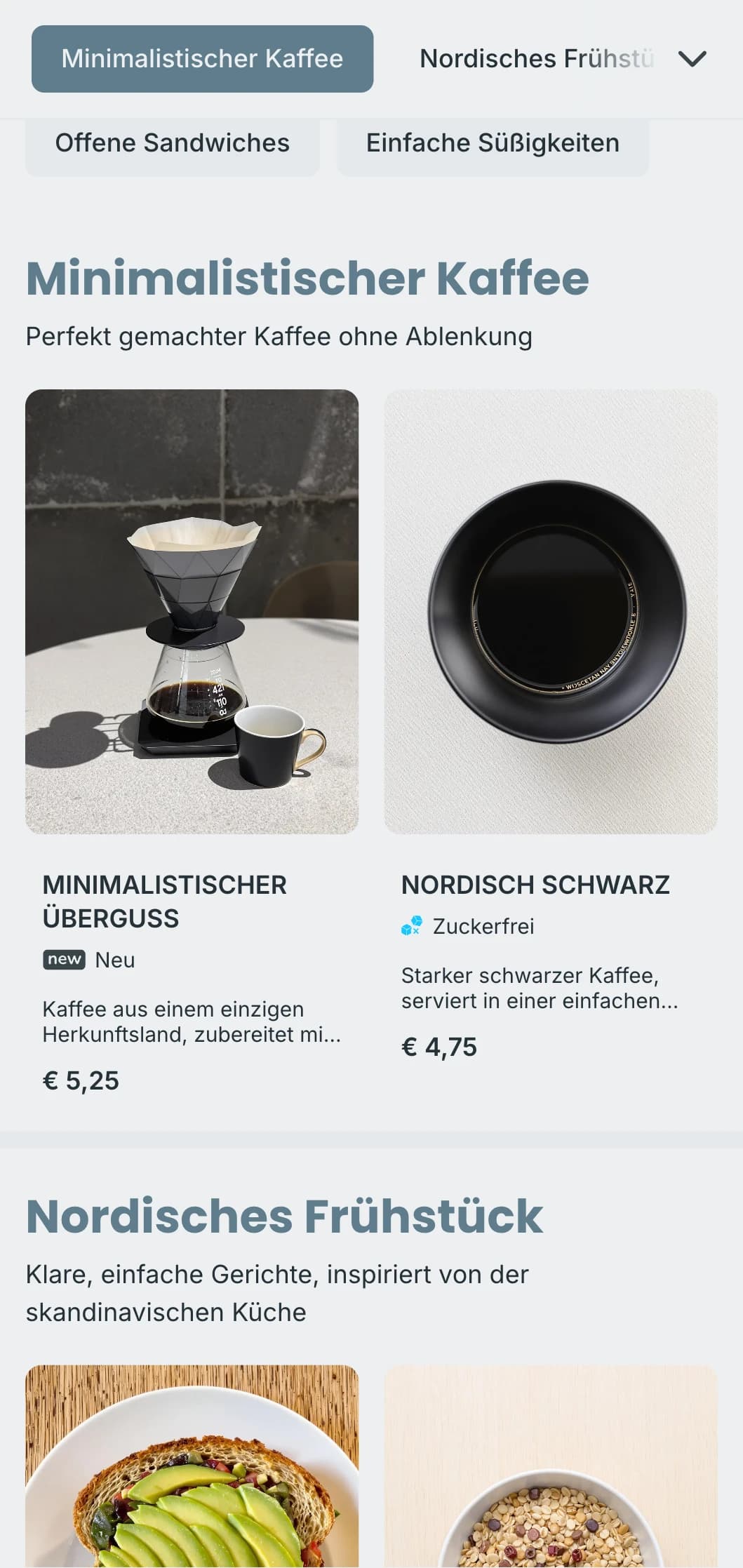 Klares, skandinavisch inspiriertes Design mit kühlen Blautönen für moderne, minimalistische Cafés.