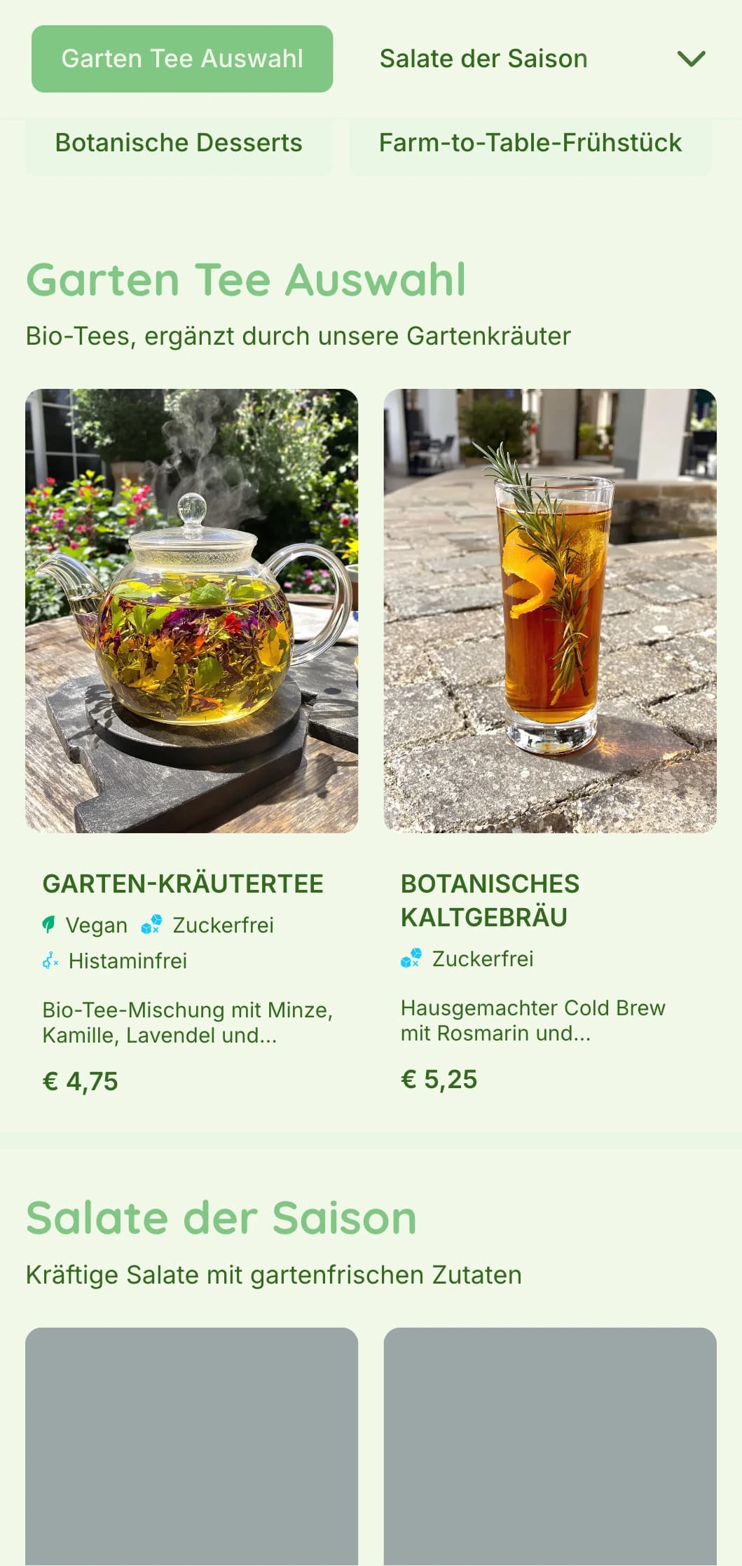 Lebendiges grünes Design mit botanischen Elementen für Gartencafés und Bio-Lokale.