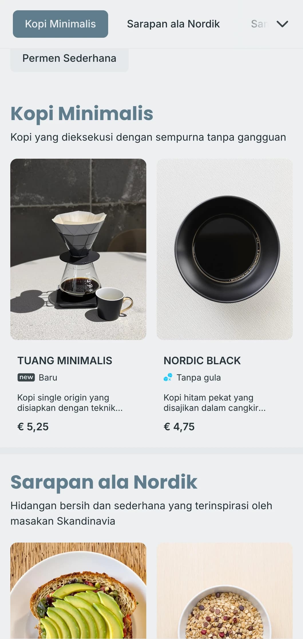 Desain bersih yang terinspirasi dari Skandinavia dengan warna biru yang sejuk untuk kafe minimalis modern.