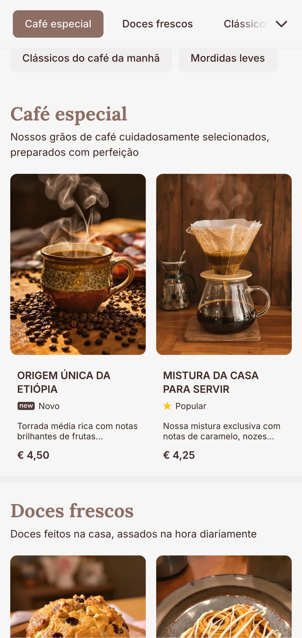Design terroso e acolhedor com elementos rústicos para cafeterias tradicionais e cafés de café da manhã.