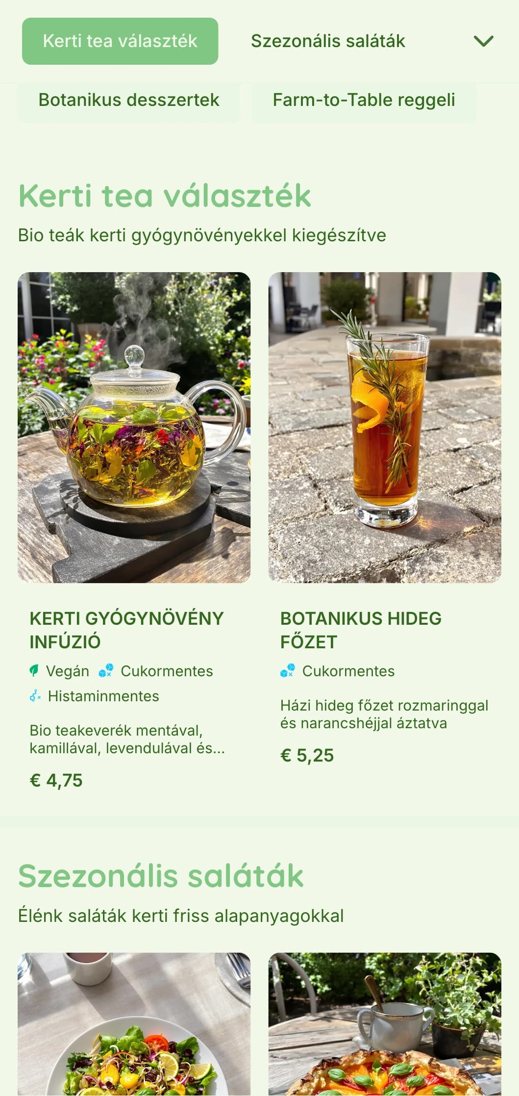 Élénk zöld design botanikai elemekkel kerti kávézók és bioéttermek számára.