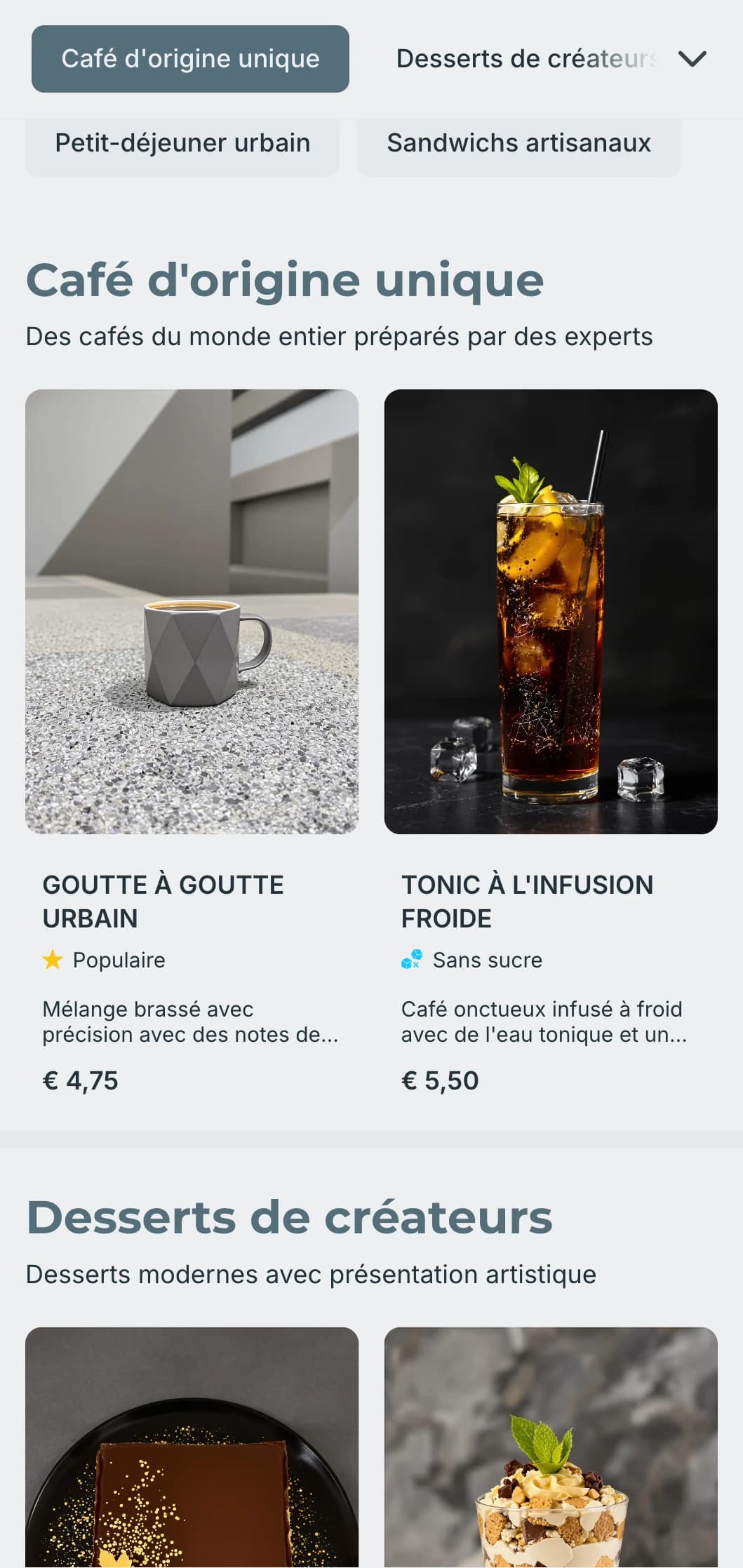 Design minimaliste et épuré avec une typographie claire pour les cafés urbains contemporains.