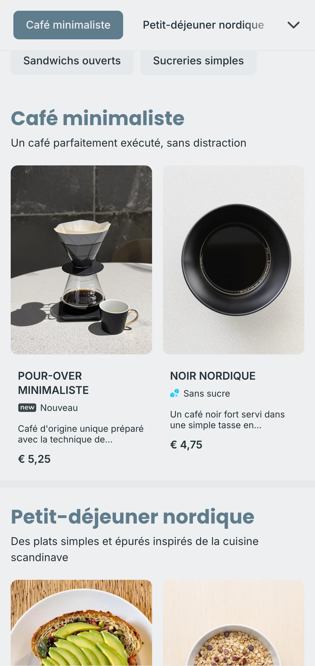 Design épuré d'inspiration scandinave avec des tons bleus froids pour les cafés modernes et minimalistes.