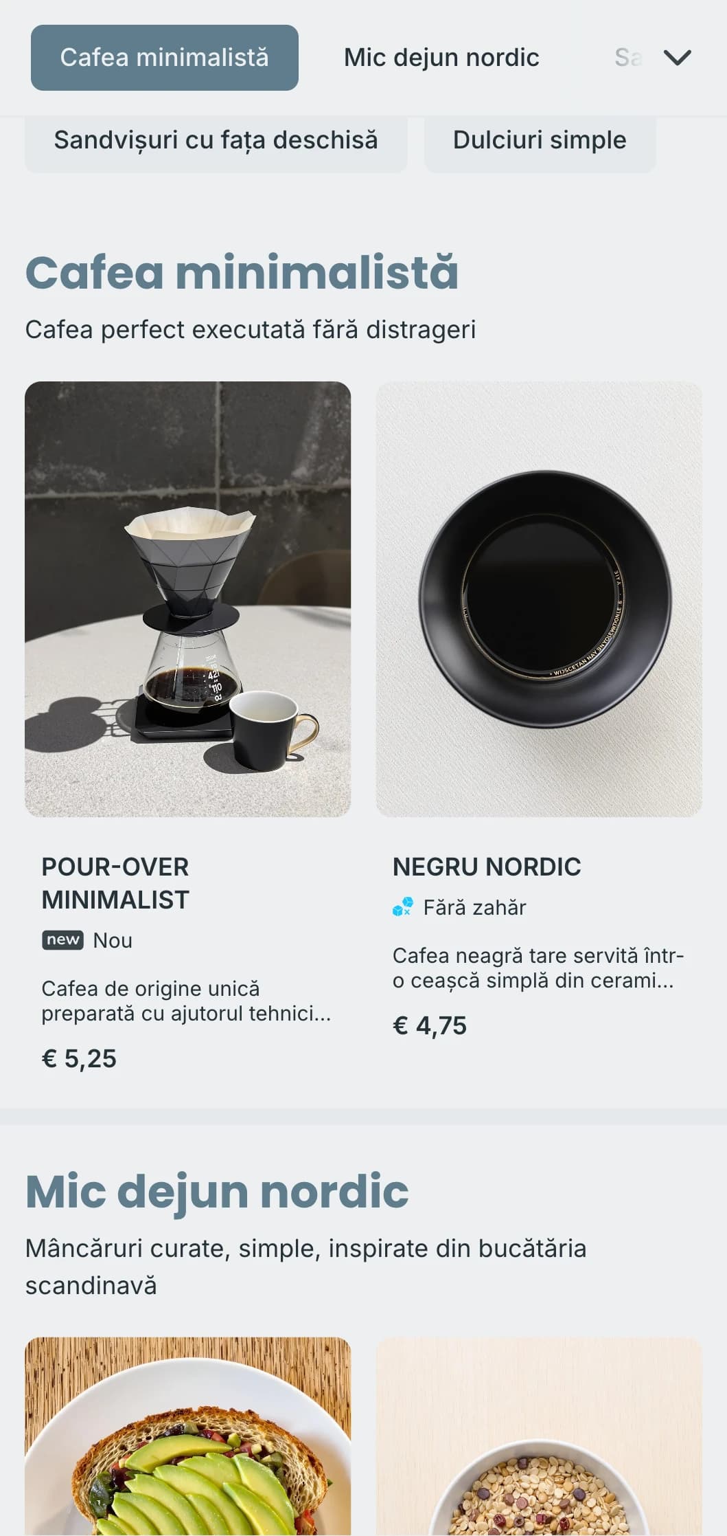 Design curat de inspirație scandinavă cu tonuri reci de albastru pentru cafenele moderne minimaliste.