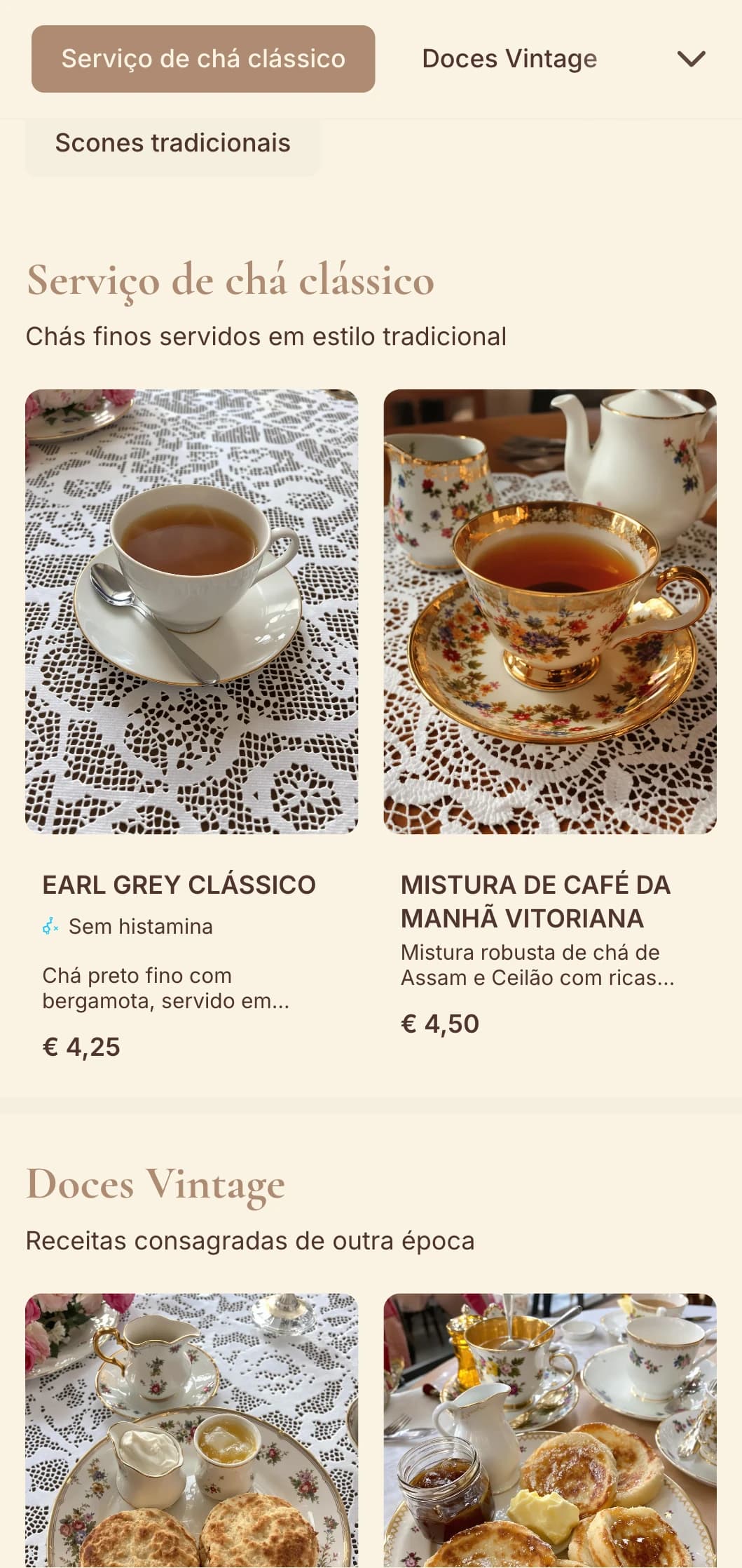 Design vintage elegante com elementos delicados para salões de chá e confeitarias tradicionais.