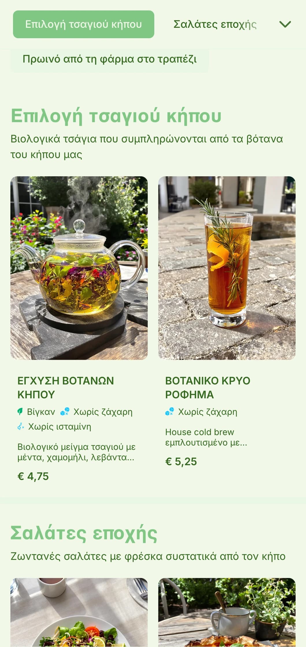 Ζωντανό πράσινο σχέδιο με βοτανικά στοιχεία για καφετέριες κήπων και βιολογικά εστιατόρια.