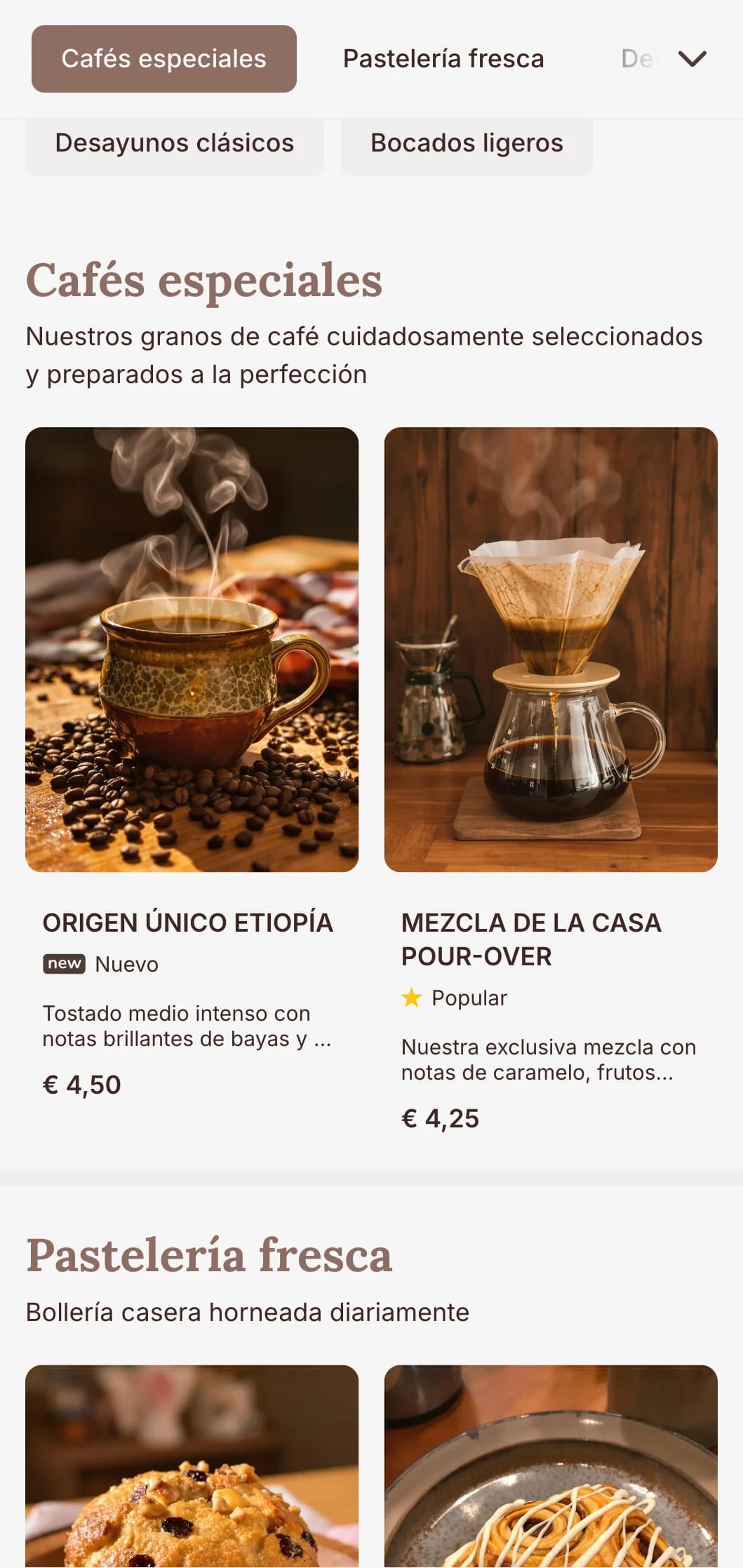 Cálido diseño terroso con elementos rústicos para cafeterías y desayunos tradicionales.