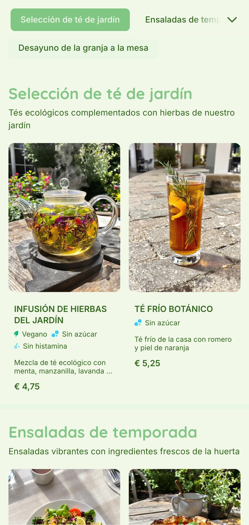 Diseño verde vibrante con elementos botánicos para cafeterías de jardín y restaurantes ecológicos.