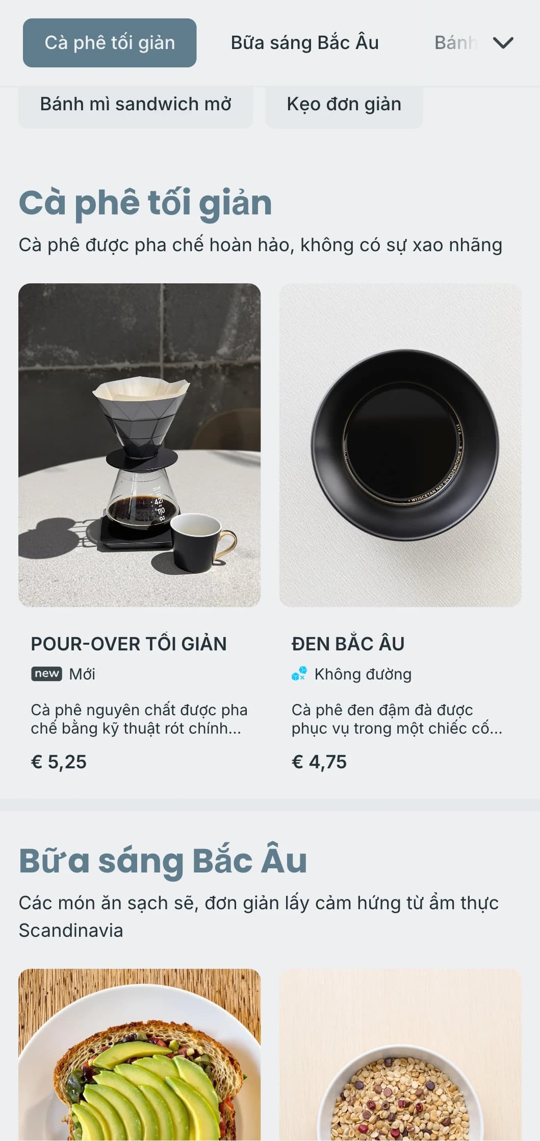 Thiết kế lấy cảm hứng từ phong cách Scandinavia với tông màu xanh mát mẻ dành cho quán cà phê tối giản hiện đại.