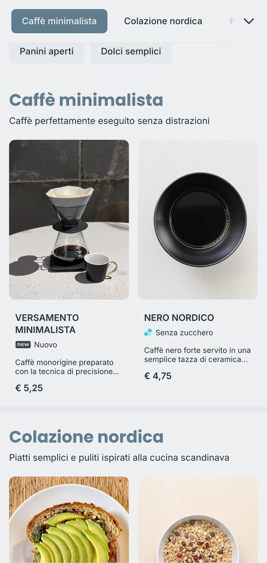 Design pulito di ispirazione scandinava con fresche tonalità di blu per caffè moderni e minimalisti.